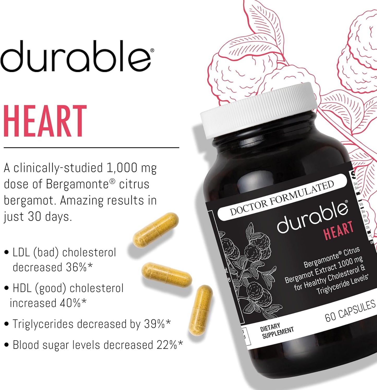 1 Bottle of Extra-Strength Bergamonte Citrus Bergamot & Olive Leaf Extract with Non-GMO Vitamin C - Natural Heart Supplement for Healthy Cholesterol Support - Made in USA