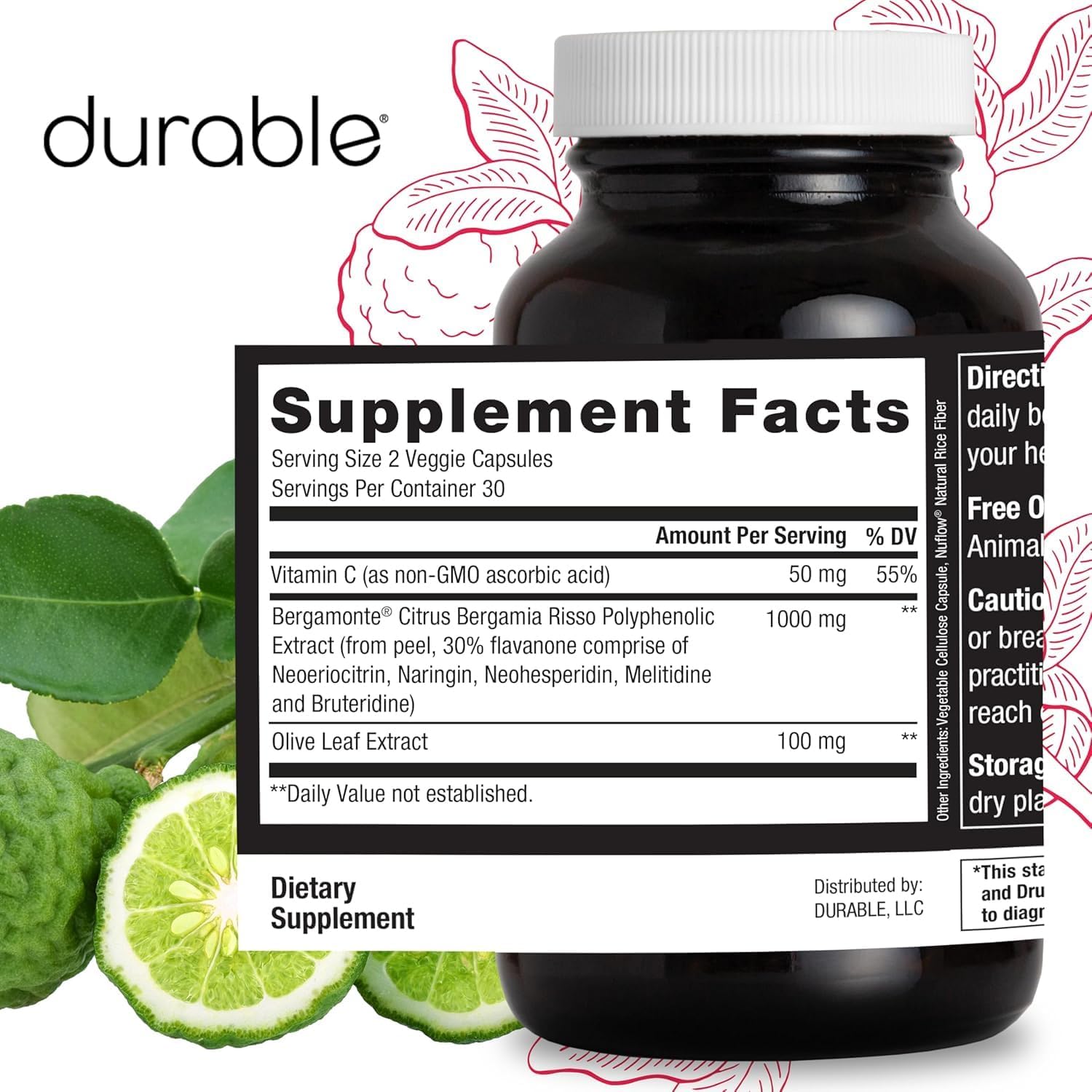 1 Bottle of Extra-Strength Bergamonte Citrus Bergamot & Olive Leaf Extract with Non-GMO Vitamin C - Natural Heart Supplement for Healthy Cholesterol Support - Made in USA