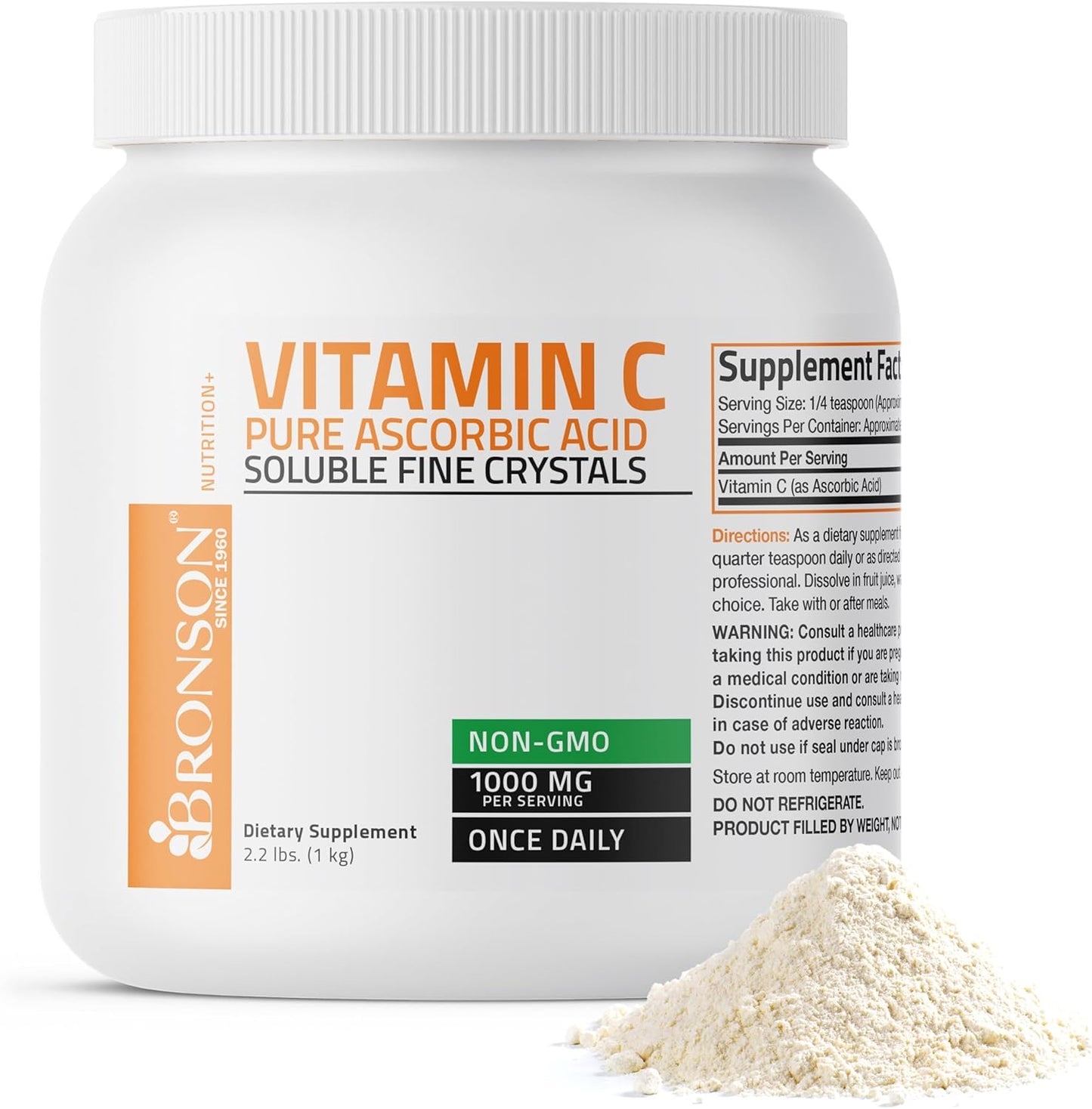 1 KG Bronson Vitamin C Powder Crystals - Pure Ascorbic Acid for Healthy Immune System & Cell Protection - Non GMO Antioxidant