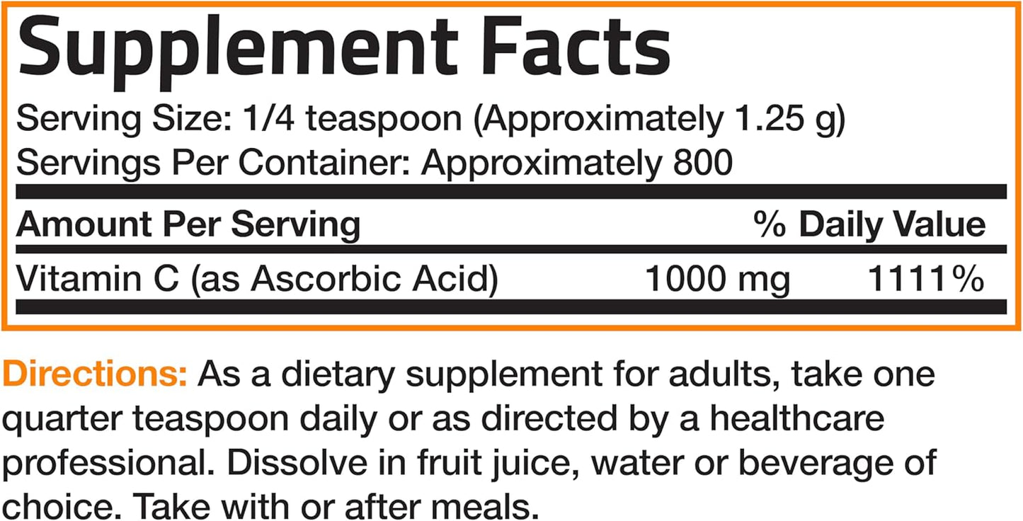 1 KG Bronson Vitamin C Powder Crystals - Pure Ascorbic Acid for Healthy Immune System & Cell Protection - Non GMO Antioxidant