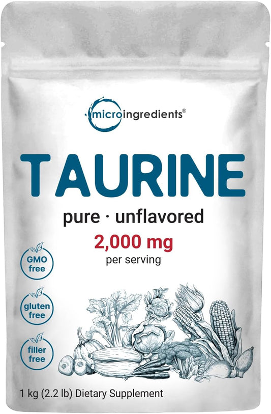 1 KG Micro Ingredients Taurine Powder Supplement - 2000mg Per Serving, Unflavored - 100% Pure Essential Amino Acids for Exercise, Energy, & Heart Support - Easily Absorbed Free Form