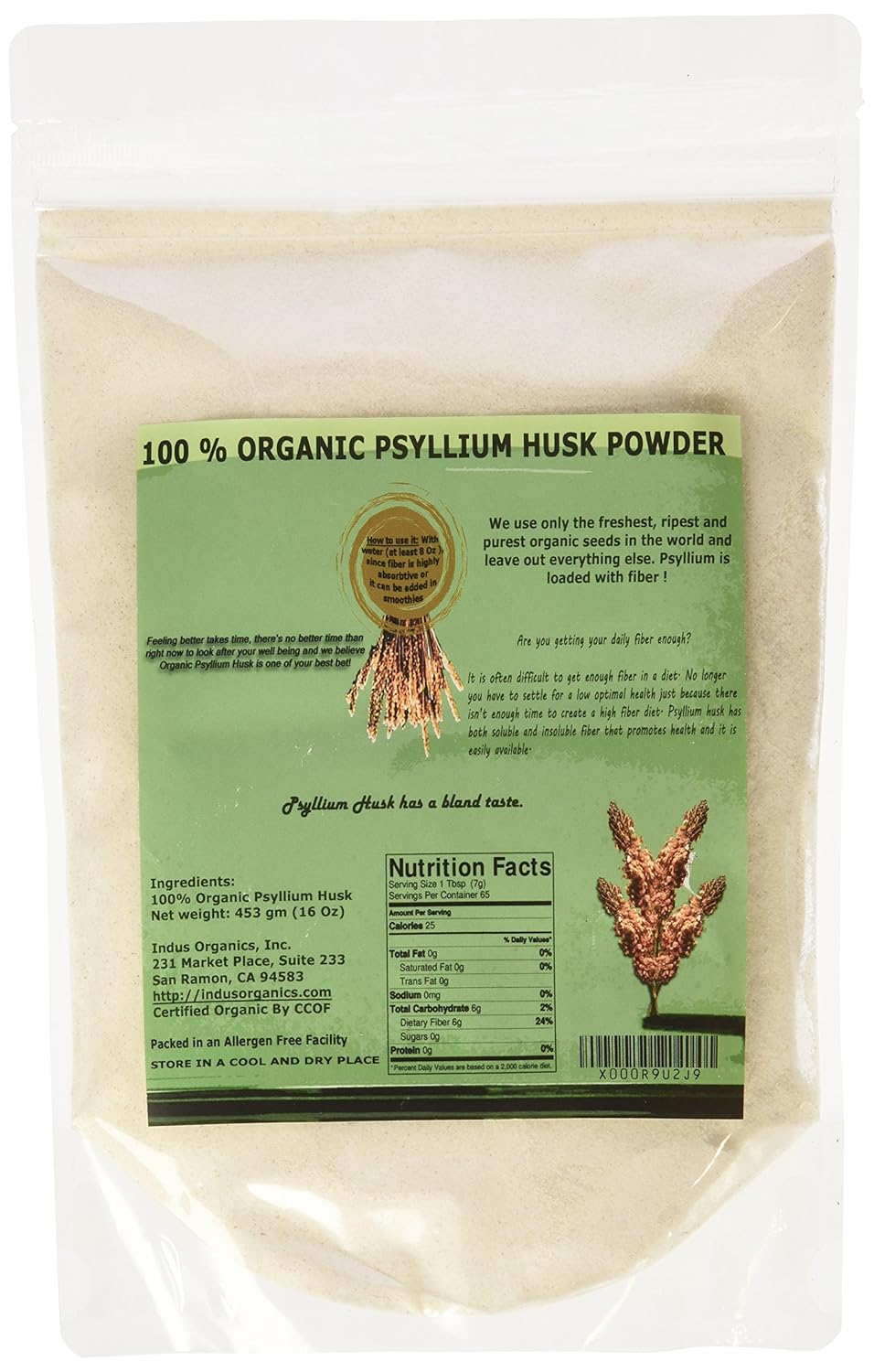 1 lb Bag of Premium Grade Indus Organics Psyllium Husk Powder - Freshly Packed and High Quality