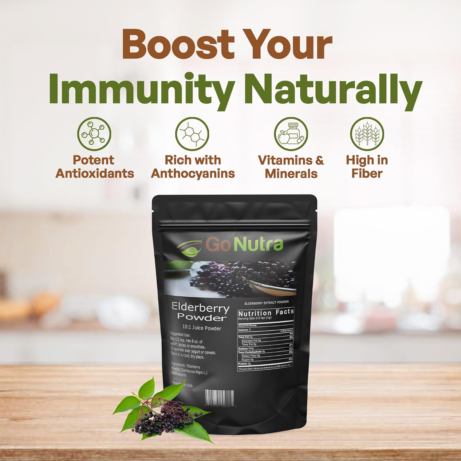 1 lb. Go Nutra Elderberry Powder - Non-GMO 10:1 Strength Extract Juice - Sambucus Nigra Supplement