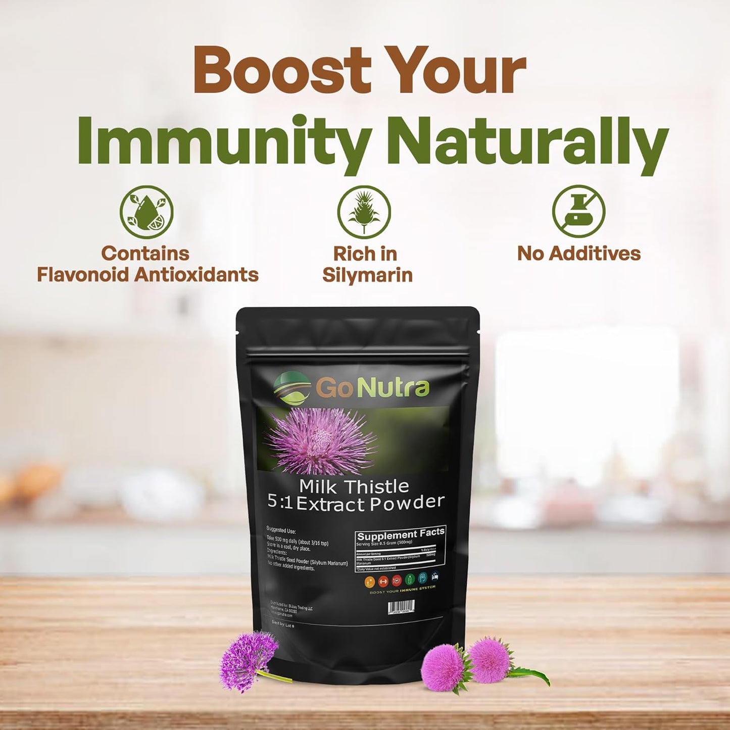 1 lb. Go Nutra Milk Thistle Extract Powder - 5:1 Strength Silymarin Supplement - Non-GMO Herbal Silybum Marianum