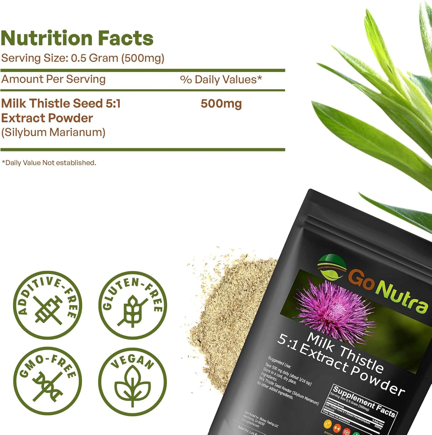 1 lb. Go Nutra Milk Thistle Extract Powder - 5:1 Strength Silymarin Supplement - Non-GMO Herbal Silybum Marianum