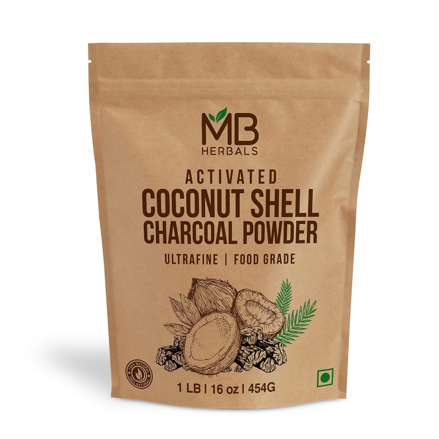 1 LB MB Herbals Food Grade Activated Coconut Shell Charcoal Powder - Detox Face Packs, Masks, Soap Making, Tooth Powder - 16 oz (454 g)