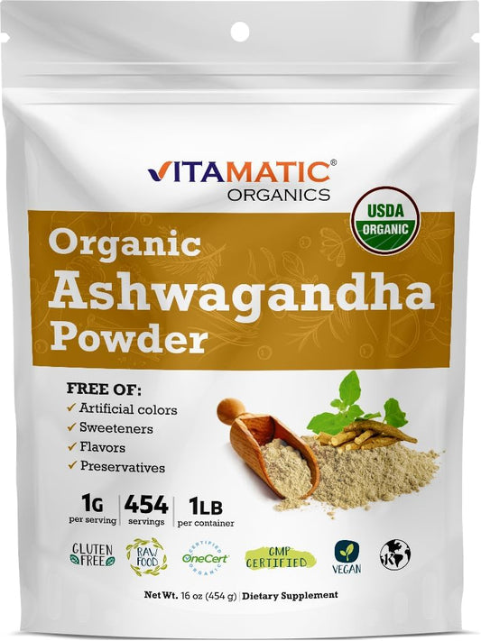 1 lb Organic Ashwagandha Powder - USDA Certified (16 oz) - Withania Somnifera Root Supplement