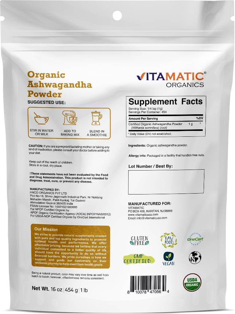 1 lb Organic Ashwagandha Powder - USDA Certified (16 oz) - Withania Somnifera Root Supplement