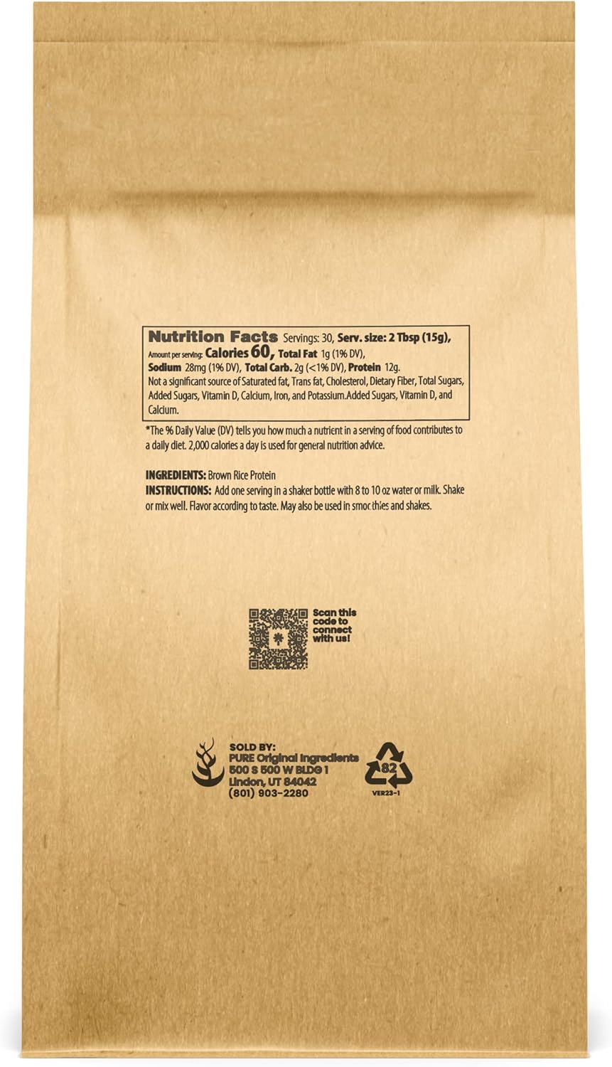 1 lb Organic Brown Rice Vegan Protein Powder - Pure Ingredients, Sprouted, Gluten Free for Shakes & Smoothies