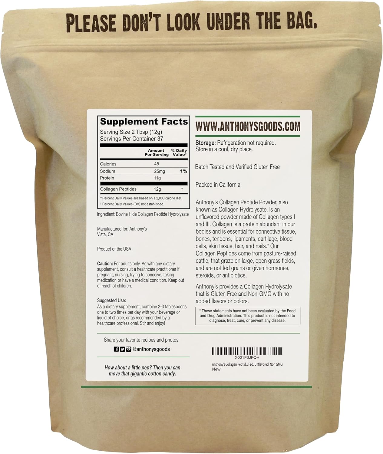 1 lb Pure Hydrolyzed Collagen Peptide Powder - Grass Fed, Gluten Free, Keto & Paleo Friendly - Unflavored, Non GMO
