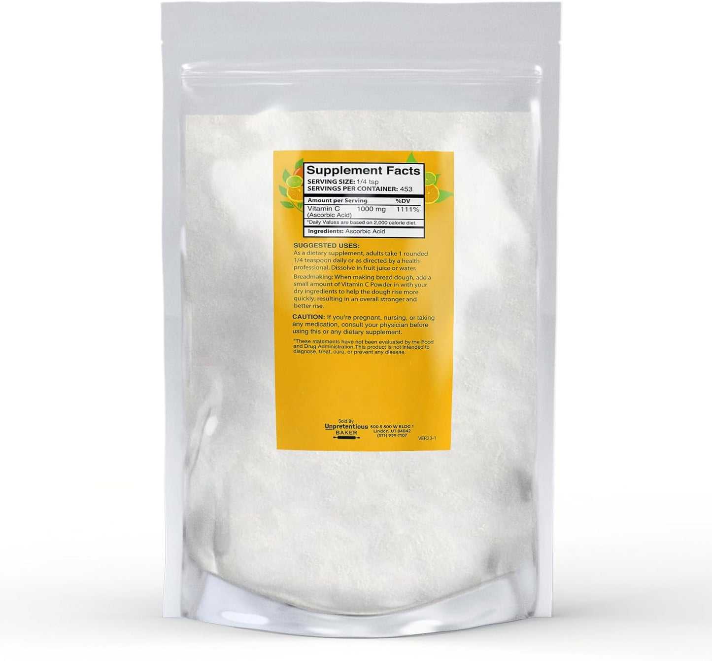 1 lb Resealable Bag of Vitamin C Powder for Baking - Ascorbic Acid Supplement