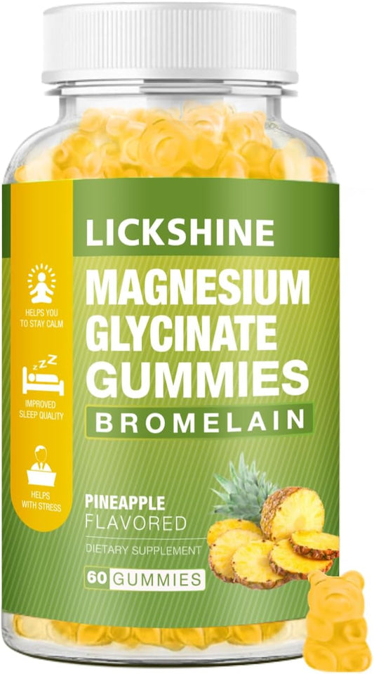 1 Pack Lickshine Magnesium Glycinate Gummies - 1000mg with Calcium, Potassium, Bromelain, Vitamin D, B6, CoQ10 - Relaxation, Calm Mood, Stress Relief, Sleep Aid - 60 Count for Adults & Kids