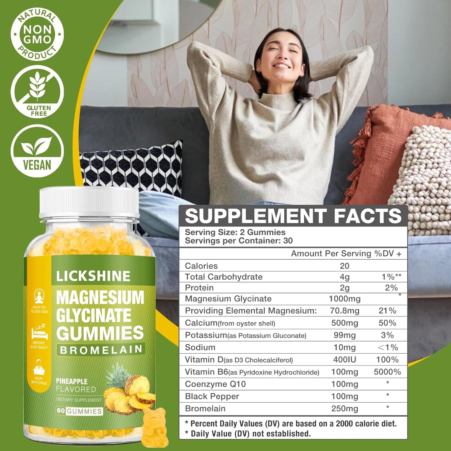 1 Pack Lickshine Magnesium Glycinate Gummies - 1000mg with Calcium, Potassium, Bromelain, Vitamin D, B6, CoQ10 - Relaxation, Calm Mood, Stress Relief, Sleep Aid - 60 Count for Adults & Kids