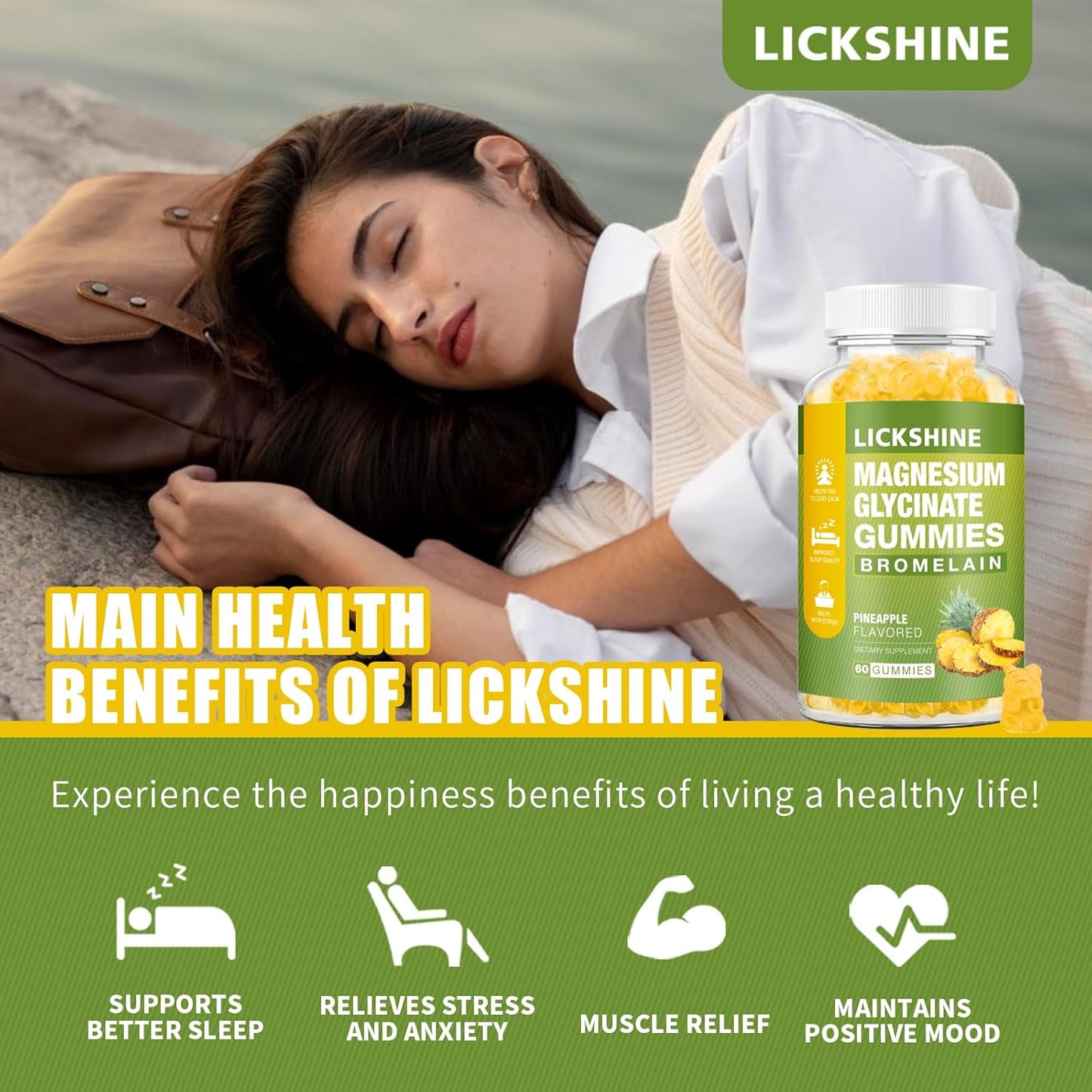 1 Pack Lickshine Magnesium Glycinate Gummies - 1000mg with Calcium, Potassium, Bromelain, Vitamin D, B6, CoQ10 - Relaxation, Calm Mood, Stress Relief, Sleep Aid - 60 Count for Adults & Kids