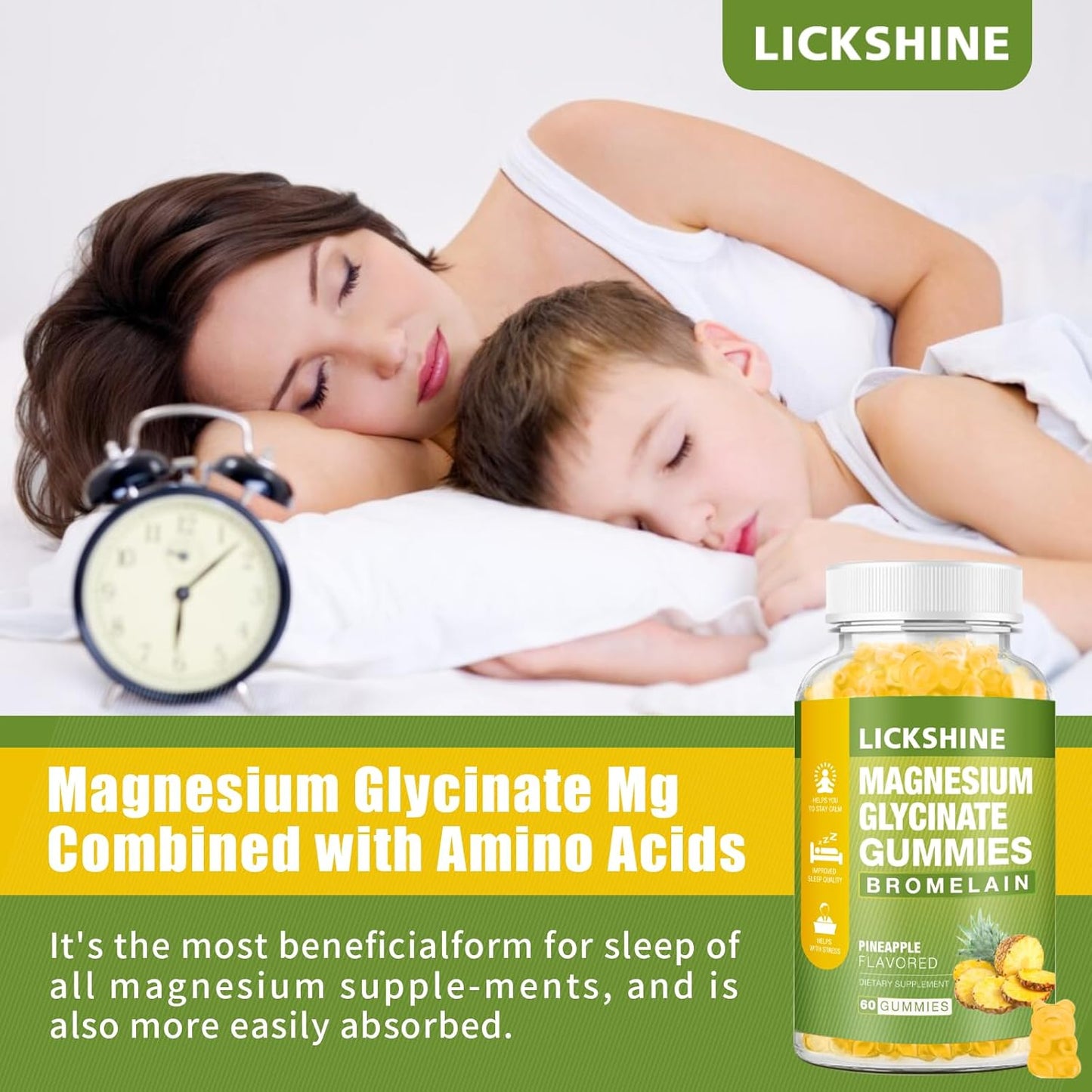 1 Pack Lickshine Magnesium Glycinate Gummies - 1000mg with Calcium, Potassium, Bromelain, Vitamin D, B6, CoQ10 - Relaxation, Calm Mood, Stress Relief, Sleep Aid - 60 Count for Adults & Kids