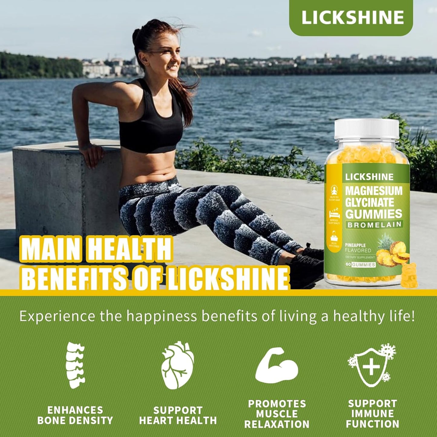 1 Pack Lickshine Magnesium Glycinate Gummies - 1000mg with Calcium, Potassium, Bromelain, Vitamin D, B6, CoQ10 - Relaxation, Calm Mood, Stress Relief, Sleep Aid - 60 Count for Adults & Kids