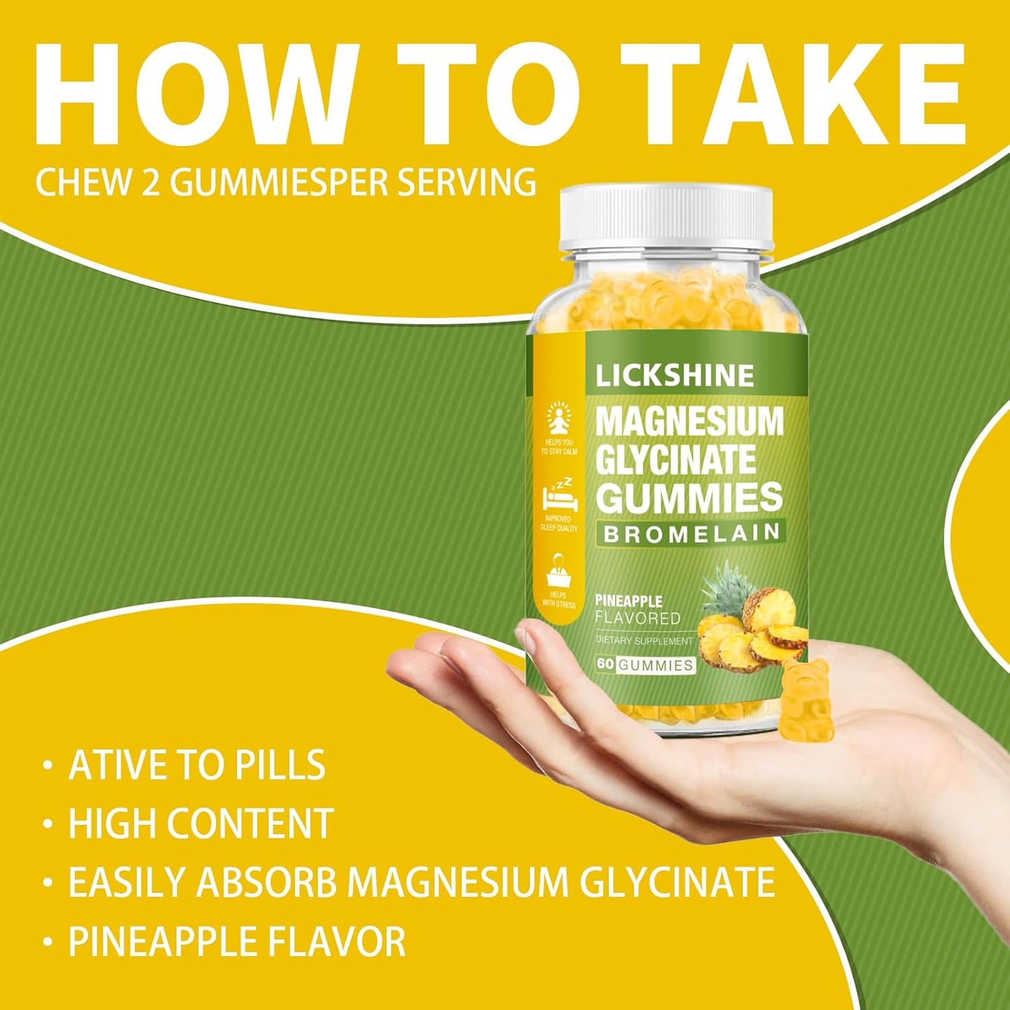 1 Pack Lickshine Magnesium Glycinate Gummies - 1000mg with Calcium, Potassium, Bromelain, Vitamin D, B6, CoQ10 - Relaxation, Calm Mood, Stress Relief, Sleep Aid - 60 Count for Adults & Kids