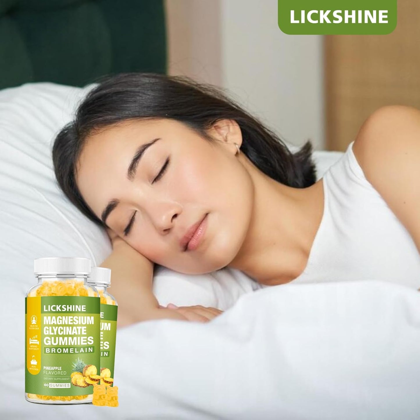1 Pack Lickshine Magnesium Glycinate Gummies - 1000mg with Calcium, Potassium, Bromelain, Vitamin D, B6, CoQ10 - Relaxation, Calm Mood, Stress Relief, Sleep Aid - 60 Count for Adults & Kids
