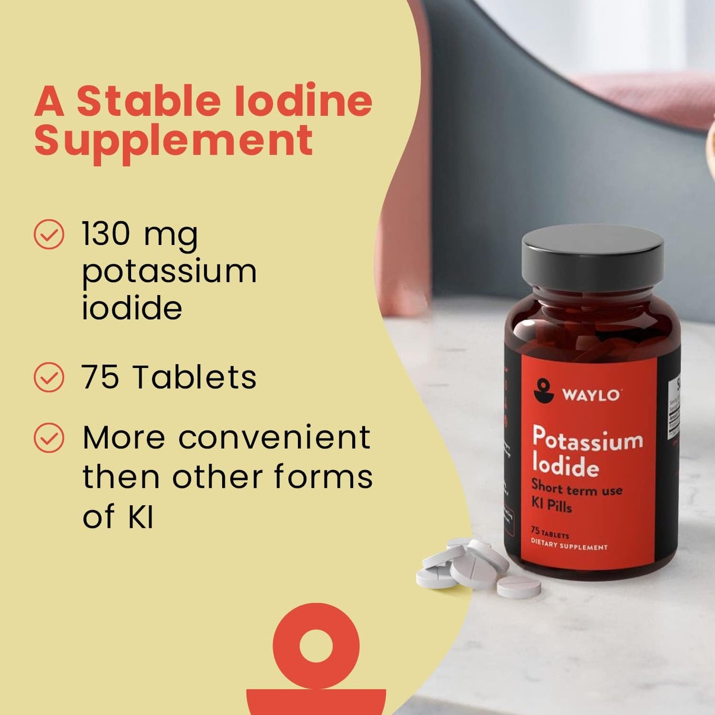 1 Pack of Waylo Potassium Iodide Tablets - 130 mg per Serving, 75 Tablets, USA Made, cGMP Certified