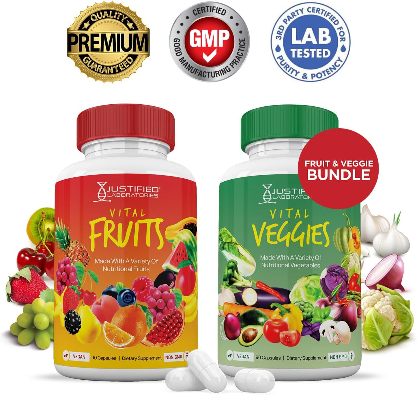 10 Bottles of Vital Fruits and Veggies Supplement - Red & Green Superfoods, 900 Veggie Capsules, Non GMO - Vegan Friendly by Justified Laboratories