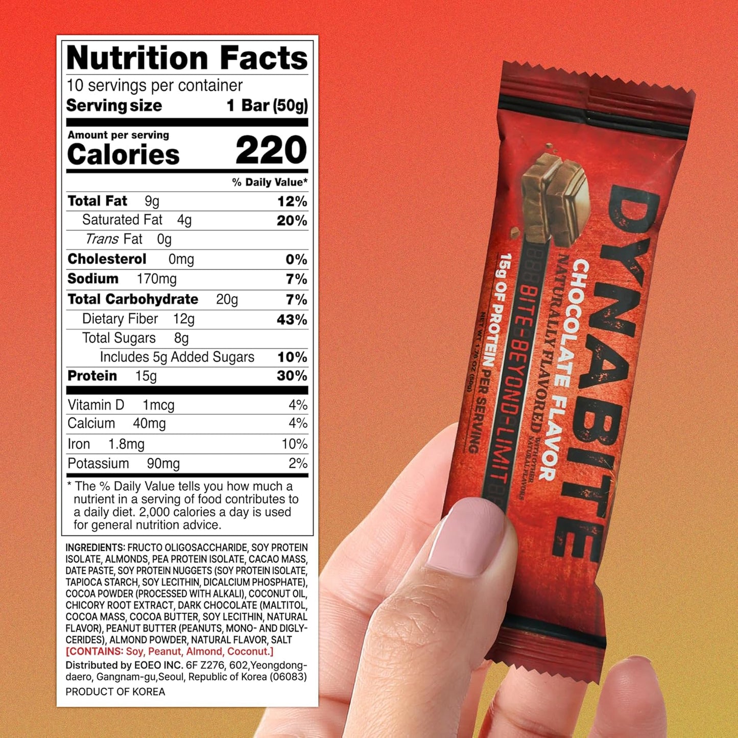 10 Count DYNABITE Premium Energy Bars in Chocolate - Low Carb, Plant-Based, Gluten-Free, Zero Sugar High Protein Snacks