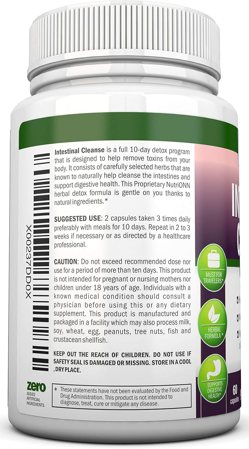 10-Day NutriONN Intestinal Cleanse Herbal Detox Program - Natural Wormwood, Cranberry, Goldenseal, Garlic & More