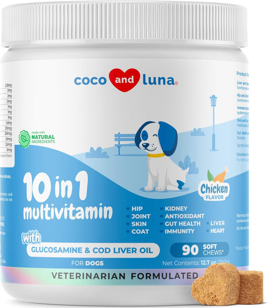 10 in 1 Dog Multivitamin with Glucosamine, Chondroitin, Probiotics, and Omega-3 for Joint, Skin, Heart, and Immune Health
