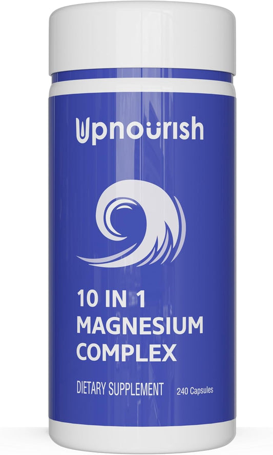 10-in-1 Full Spectrum Magnesium Complex Supplement with Glycinate, Citrate, Taurate, Malate, Carbonate, Oxide - 240 Vegan Capsules