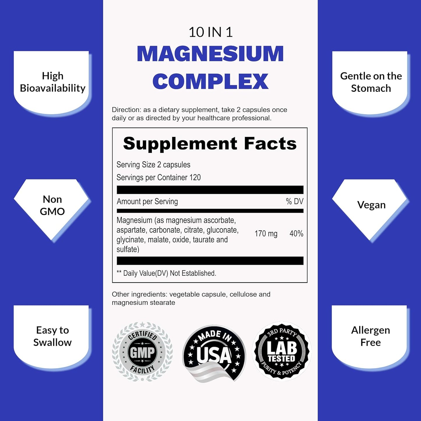 10-in-1 Full Spectrum Magnesium Complex Supplement with Glycinate, Citrate, Taurate, Malate, Carbonate, Oxide - 240 Vegan Capsules