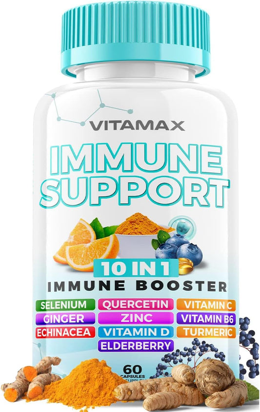 10-in-1 Immune Support Booster with Elderberry, D3, Selenium, Quercetin, Zinc, Vitamin C, Ginger, Turmeric Curcumin, B6, Echinacea - Natural Defense - USA-Made (60 Count)