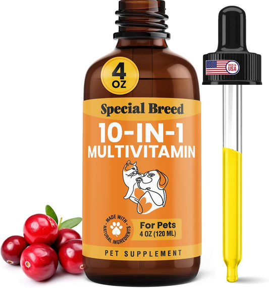 10-in-1 Liquid Multivitamin for Dogs and Cats, 4 oz with Glucosamine & Cranberry - Special Breed Multi Vitamin Supplement
