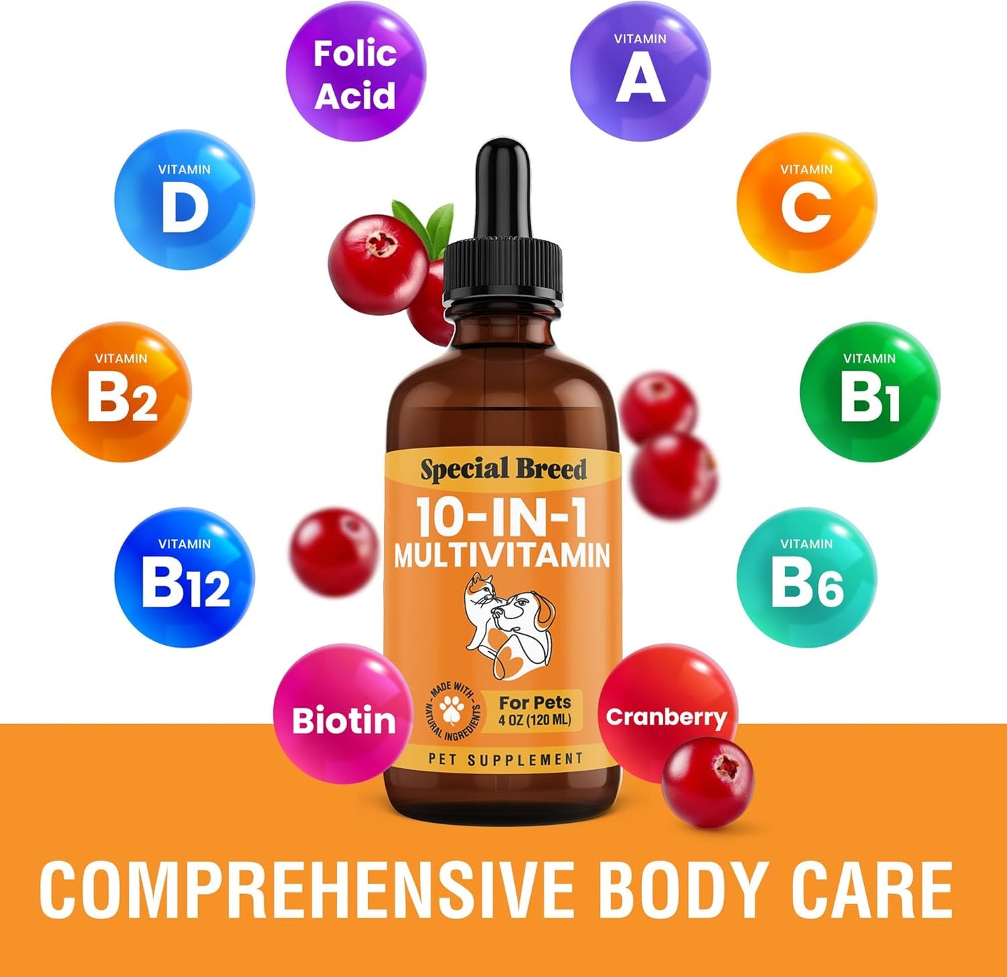 10-in-1 Liquid Multivitamin for Dogs and Cats, 4 oz with Glucosamine & Cranberry - Special Breed Multi Vitamin Supplement