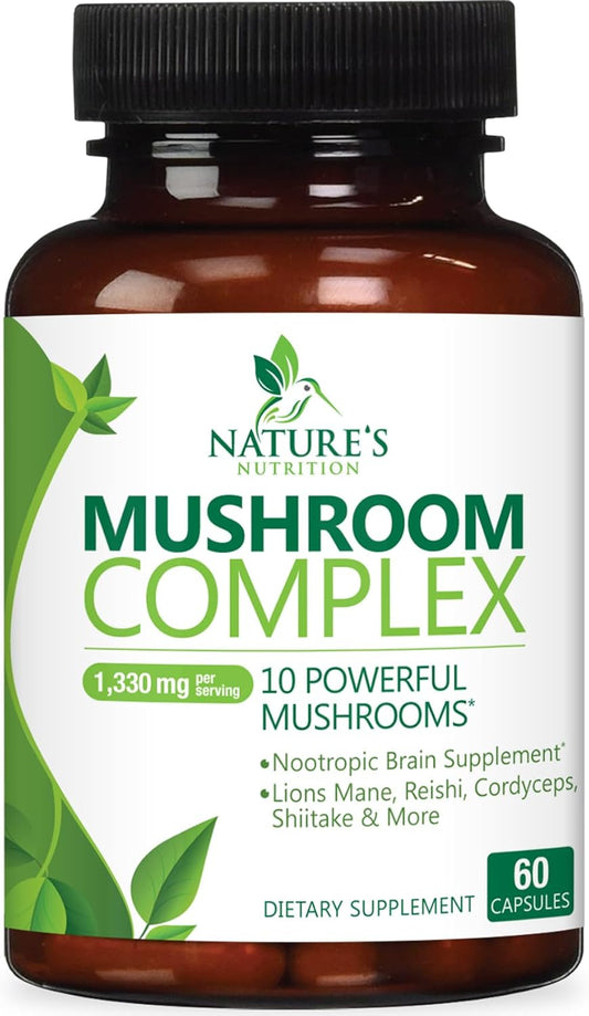10-in-1 Mushroom Complex Capsules for Memory and Focus - Lions Mane, Turkey Tail, Reishi, Chaga, Cordyceps - Nootropic Brain Supplements - 60 Capsules