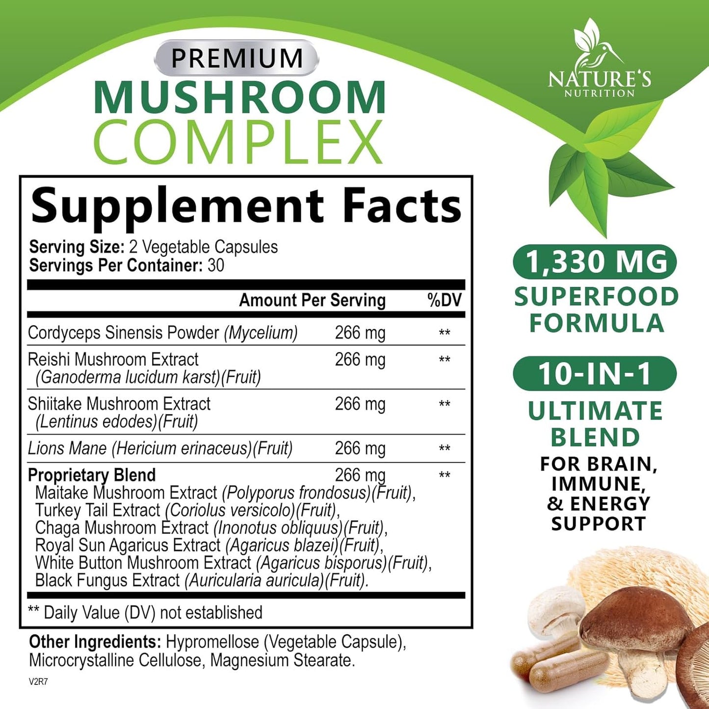 10-in-1 Mushroom Complex Capsules for Memory and Focus - Lions Mane, Turkey Tail, Reishi, Chaga, Cordyceps - Nootropic Brain Supplements - 60 Capsules
