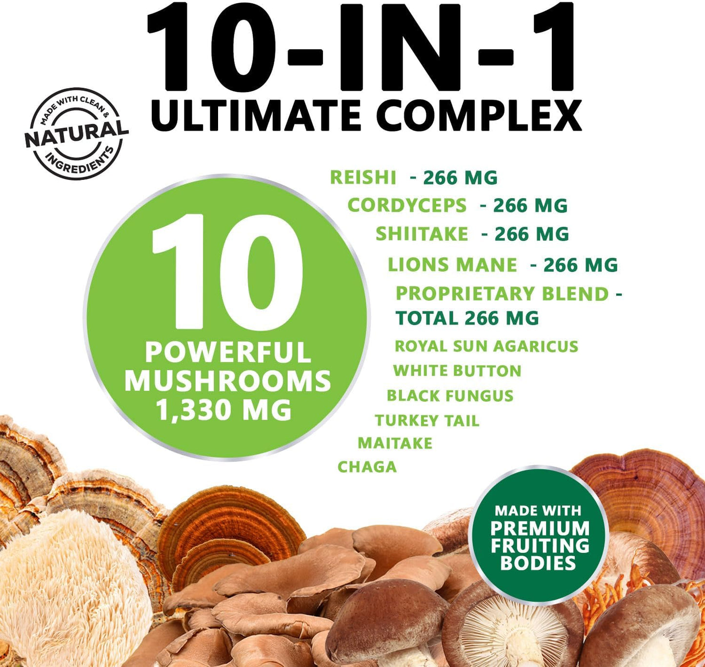 10-in-1 Mushroom Complex Capsules for Memory and Focus - Lions Mane, Turkey Tail, Reishi, Chaga, Cordyceps - Nootropic Brain Supplements - 60 Capsules