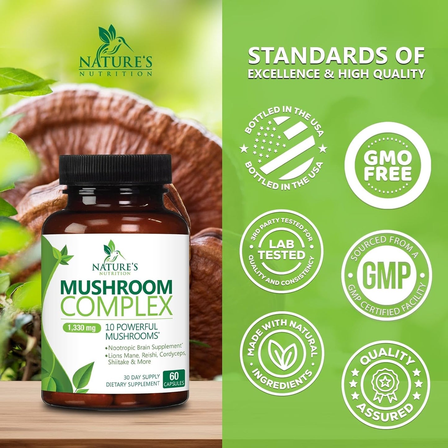 10-in-1 Mushroom Complex Capsules for Memory and Focus - Lions Mane, Turkey Tail, Reishi, Chaga, Cordyceps - Nootropic Brain Supplements - 60 Capsules