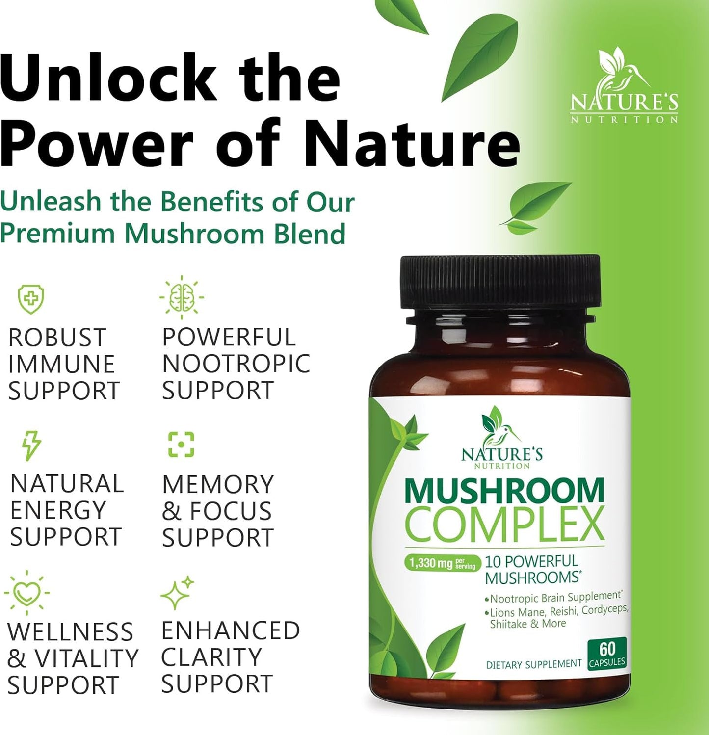 10-in-1 Mushroom Complex Capsules for Memory and Focus - Lions Mane, Turkey Tail, Reishi, Chaga, Cordyceps - Nootropic Brain Supplements - 60 Capsules