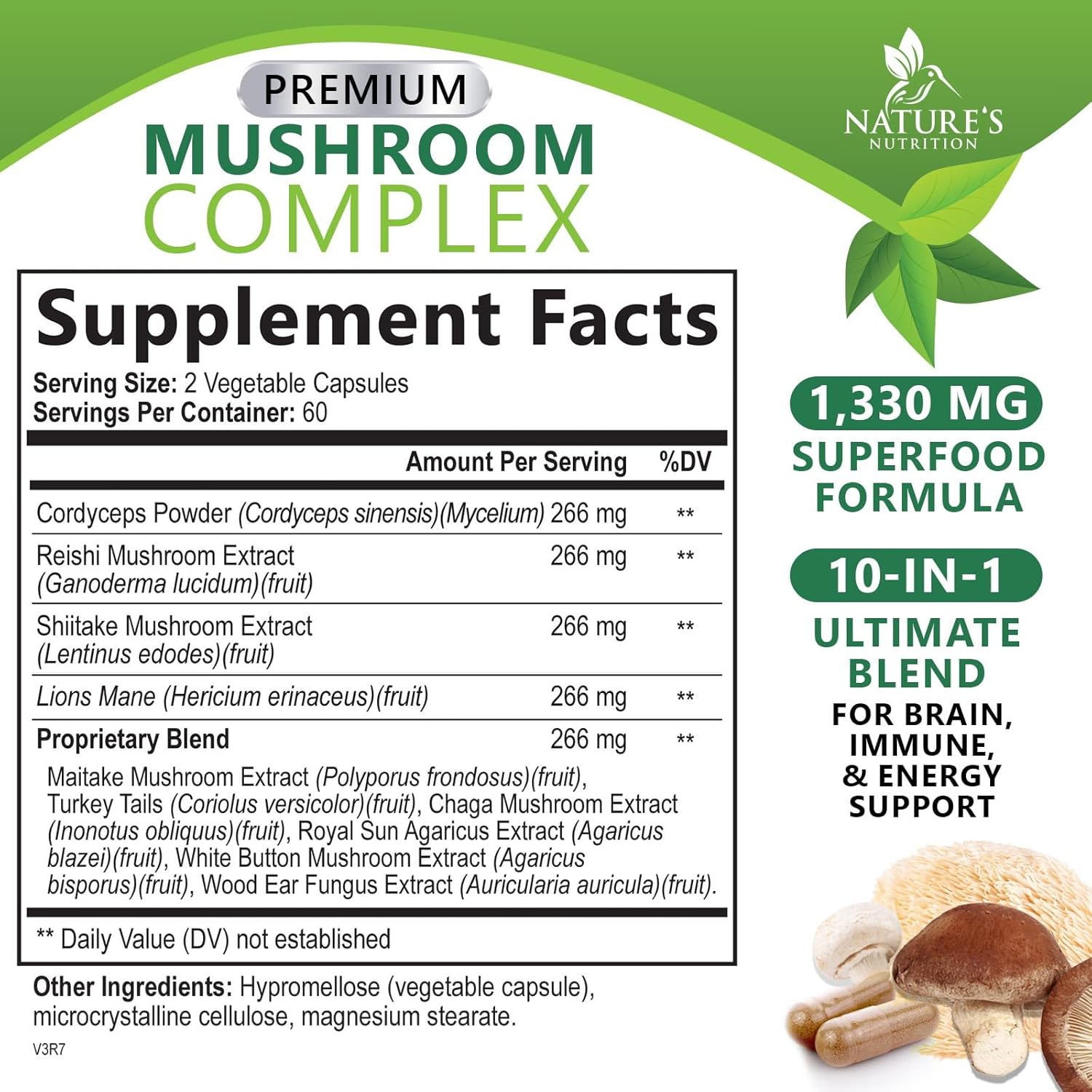 10-in-1 Mushroom Complex Supplement Capsules for Memory and Focus - Lions Mane, Turkey Tail, Reishi, Chaga, Cordyceps - Nootropic Brain Support - 120 Capsules