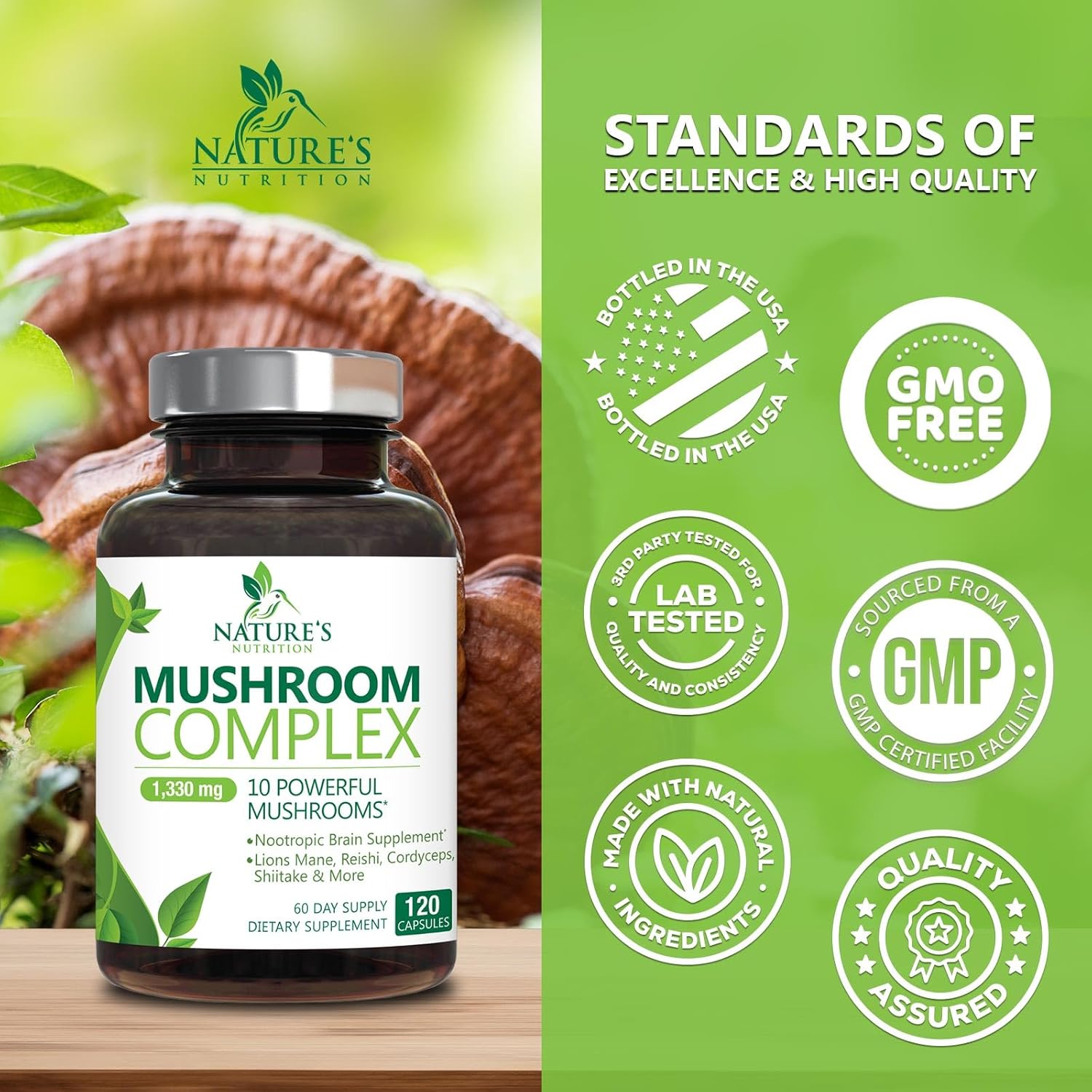 10-in-1 Mushroom Complex Supplement Capsules for Memory and Focus - Lions Mane, Turkey Tail, Reishi, Chaga, Cordyceps - Nootropic Brain Support - 120 Capsules