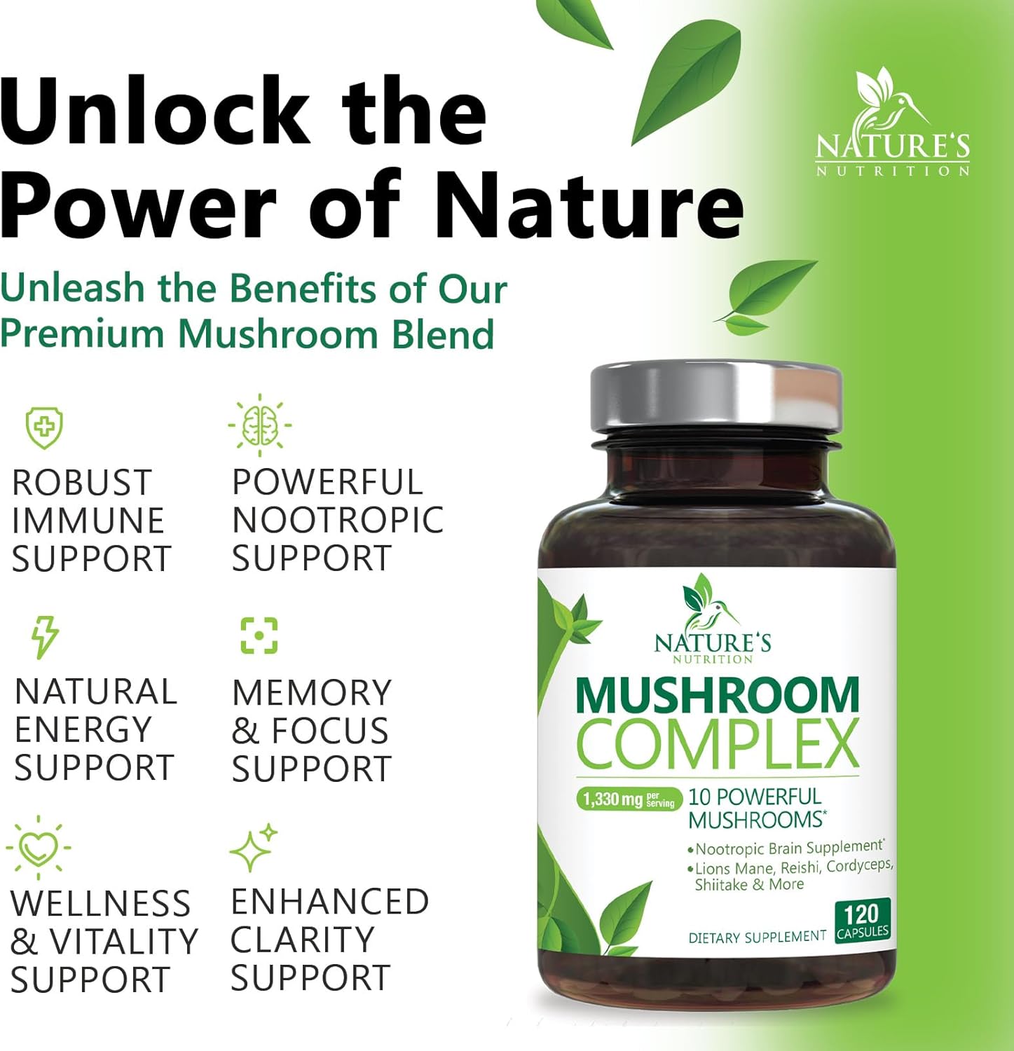 10-in-1 Mushroom Complex Supplement Capsules for Memory and Focus - Lions Mane, Turkey Tail, Reishi, Chaga, Cordyceps - Nootropic Brain Support - 120 Capsules