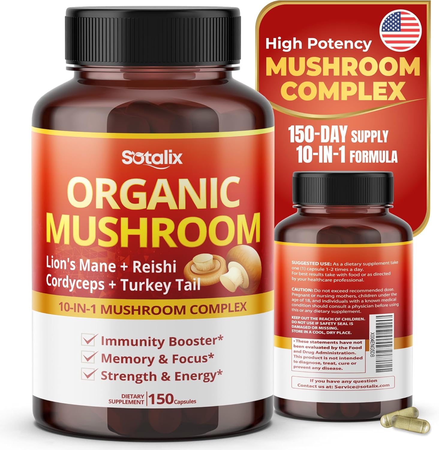 10-in-1 Mushroom Supplement for Immunity, Memory, Strength, and Energy - 150 Count - USA Made & Tested