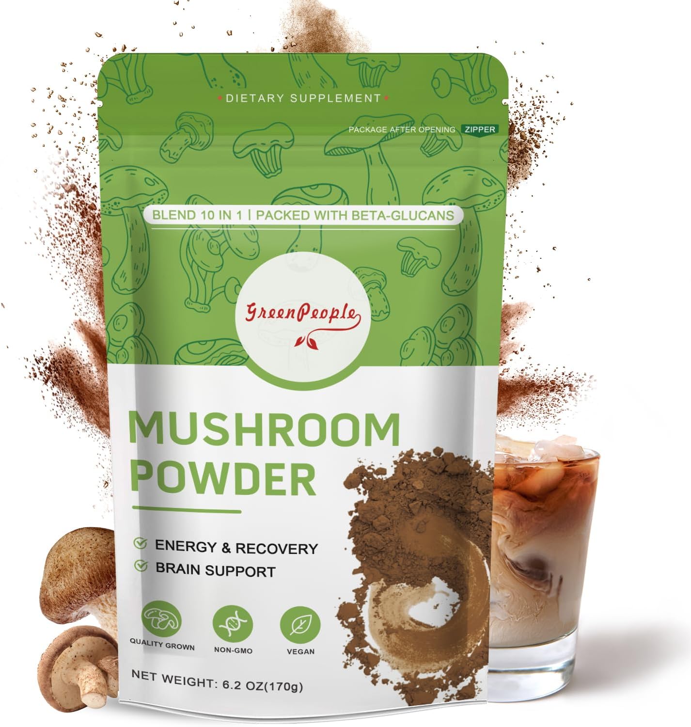 10-in-1 Mushroom Supplement Powder for Cognitive Function & Immune Support - Lions Mane, Reishi, Cordyceps, Chaga, Turkey Tail, Maitake Complex - 78 Servings