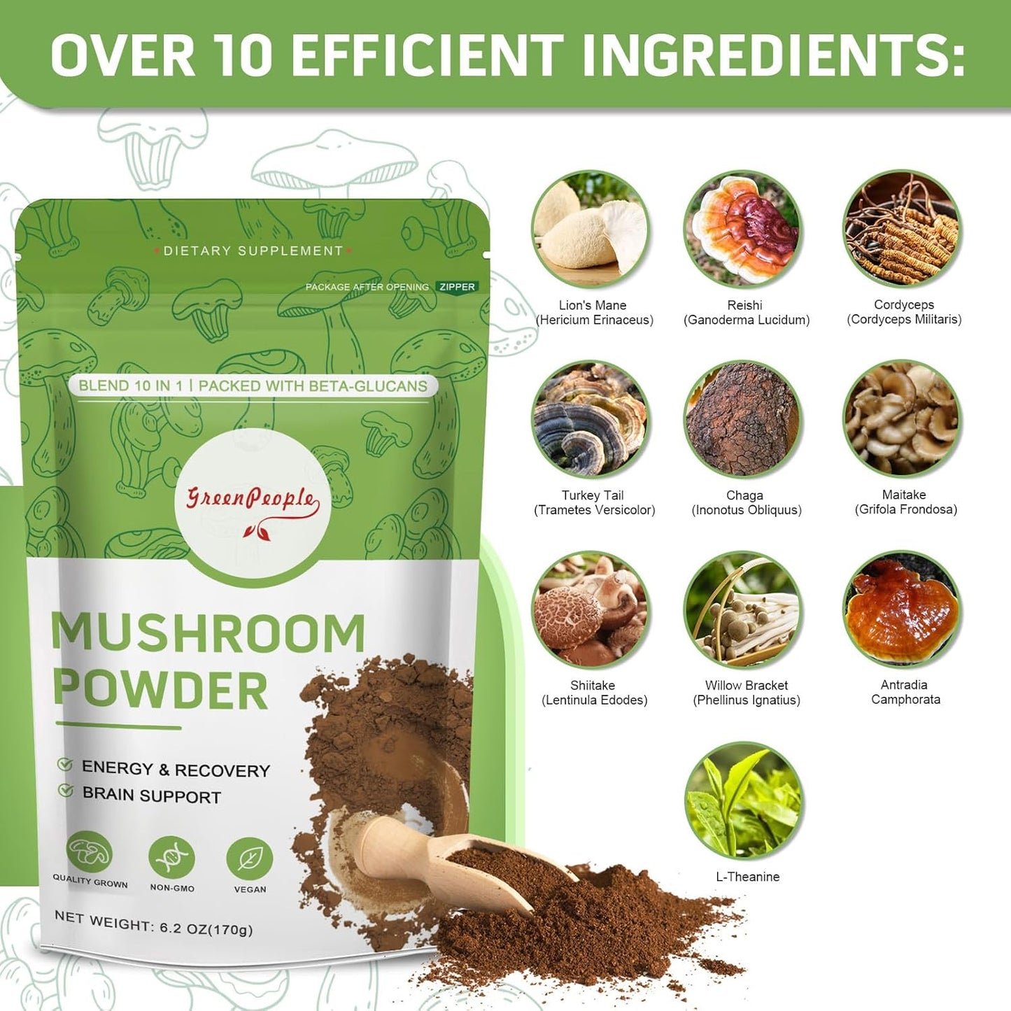10-in-1 Mushroom Supplement Powder for Cognitive Function & Immune Support - Lions Mane, Reishi, Cordyceps, Chaga, Turkey Tail, Maitake Complex - 78 Servings