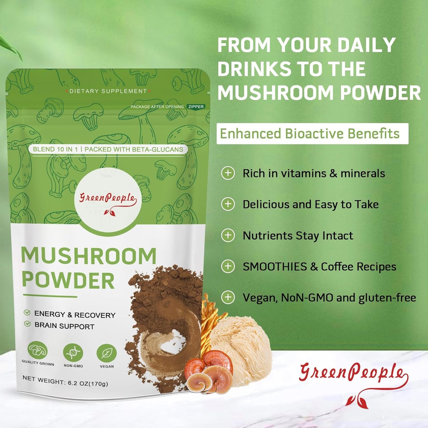 10-in-1 Mushroom Supplement Powder for Cognitive Function & Immune Support - Lions Mane, Reishi, Cordyceps, Chaga, Turkey Tail, Maitake Complex - 78 Servings