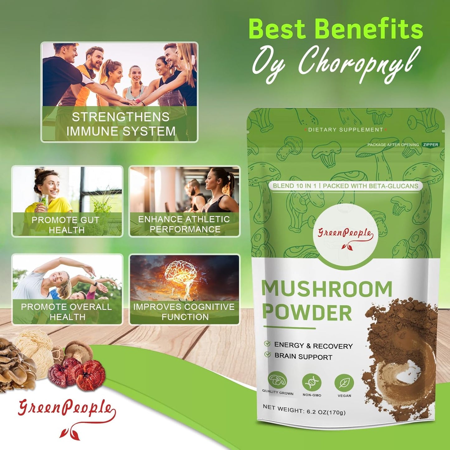 10-in-1 Mushroom Supplement Powder for Cognitive Function & Immune Support - Lions Mane, Reishi, Cordyceps, Chaga, Turkey Tail, Maitake Complex - 78 Servings