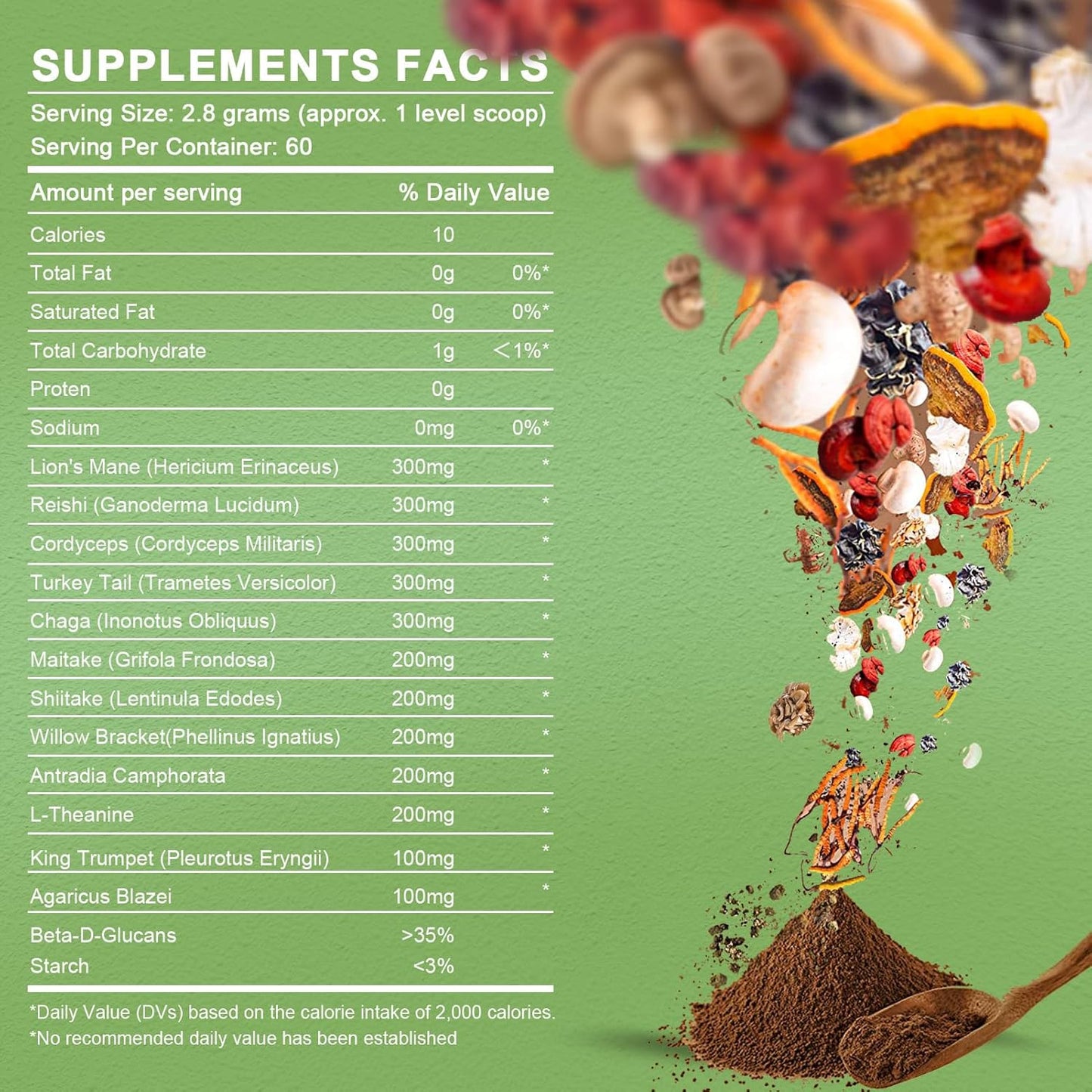 10-in-1 Mushroom Supplement Powder for Cognitive Function & Immune Support - Lions Mane, Reishi, Cordyceps, Chaga, Turkey Tail, Maitake Complex - 78 Servings
