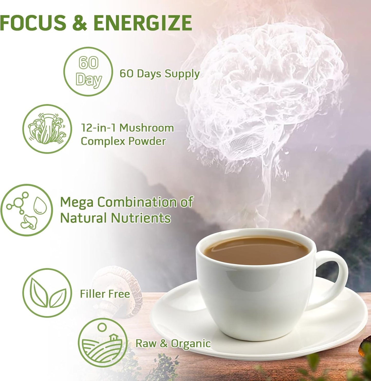 10-in-1 Mushroom Supplement Powder for Cognitive Function & Immune Support - Lions Mane, Reishi, Cordyceps, Chaga, Turkey Tail, Maitake Complex - 78 Servings