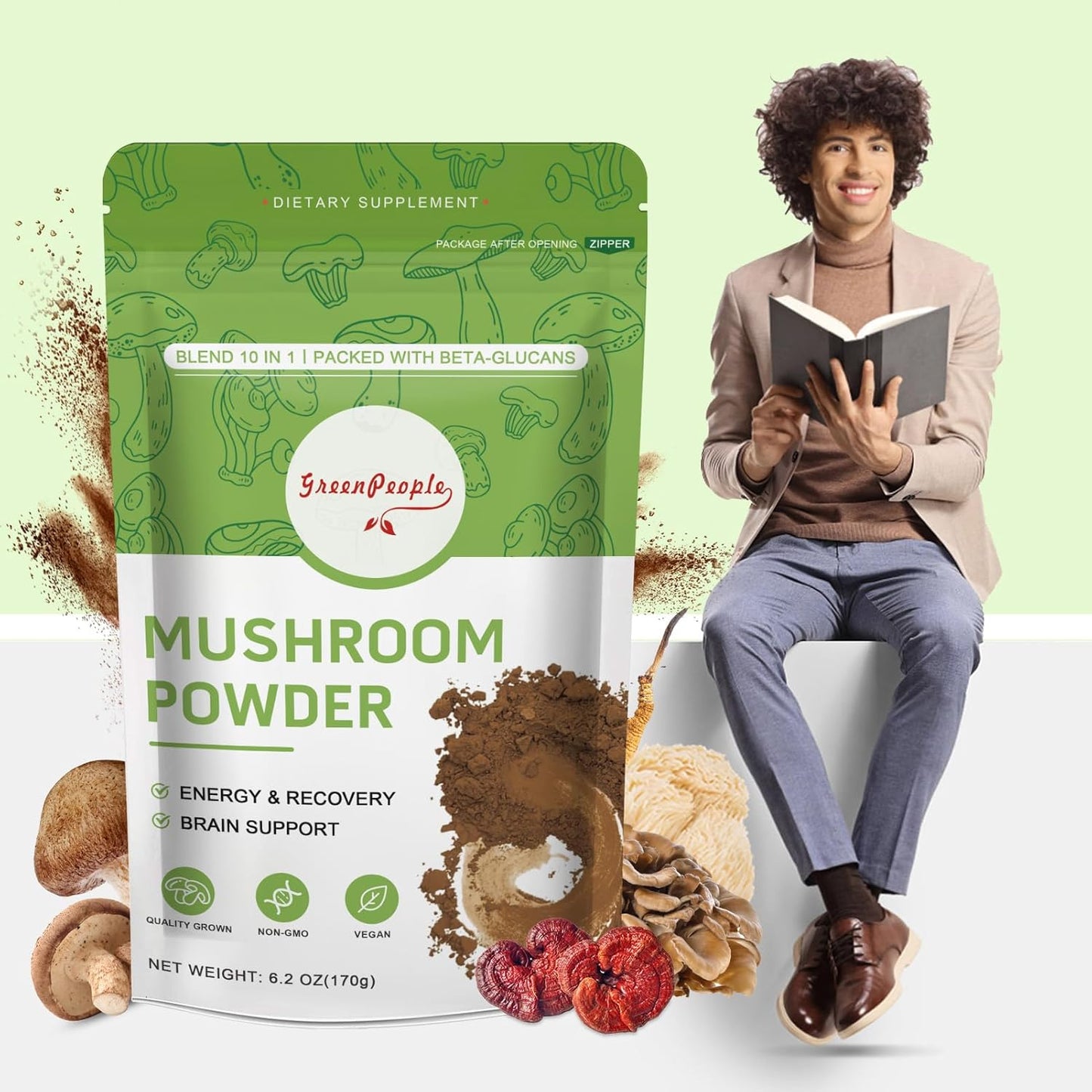 10-in-1 Mushroom Supplement Powder for Cognitive Function & Immune Support - Lions Mane, Reishi, Cordyceps, Chaga, Turkey Tail, Maitake Complex - 78 Servings