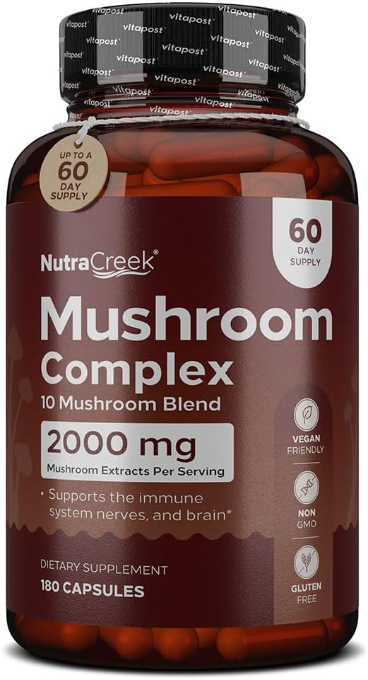 10-Mushroom Complex Supplement for Mind and Body Support | Cordyceps, Reishi, Shiitake, Maitake, Lions Mane | 180 Capsules