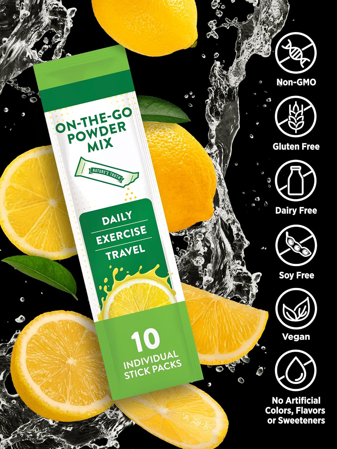 10 Pack Nature's Truth Electrolyte Powder Packets - Sugar Free Vegan Drink Mix Supplement - Non-GMO & Gluten Free